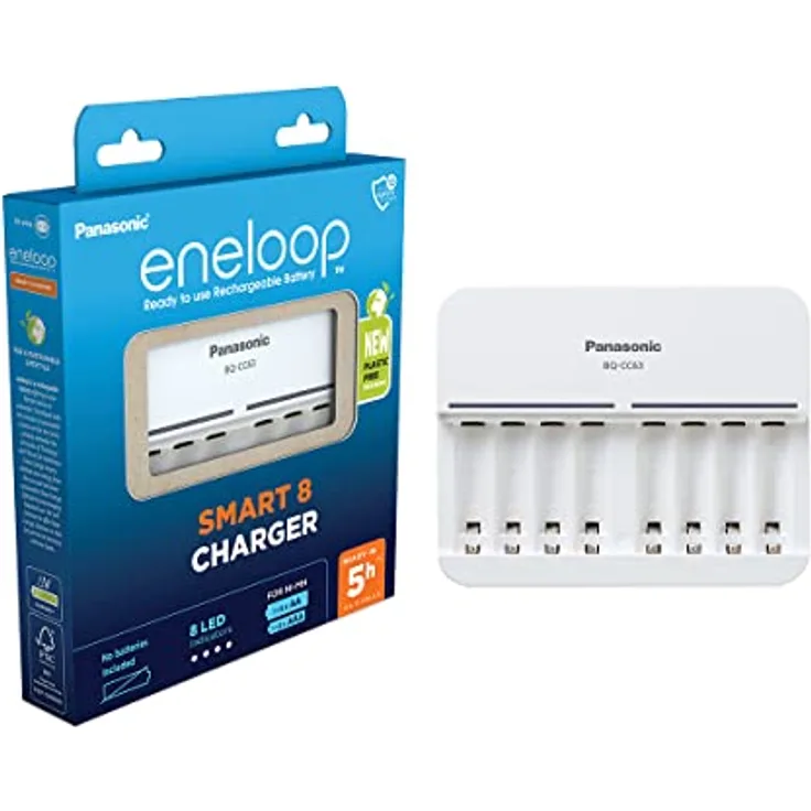 Panasonic eneloop Smart 8 Ladegerät für 1–8 AA/AAA NI-MH-Akkus, mit 8 LED-Anzeigen und 9 Sicherheitsfunktionen, blue