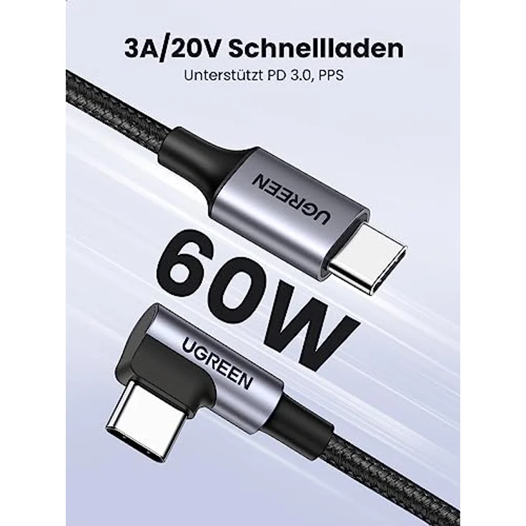 UGREEN 60W USB C Ladekabel auf USB C Winkel, PD 3.0 PPS, 90 Grad Stecker, kompatibel mit iPhone 16 Pro Max, Galaxy S24, Pixel 9, iPad Pro/Air 2024, 0.5m – Bild 2