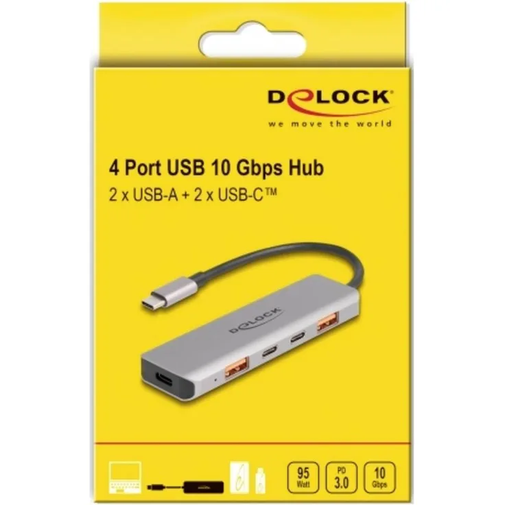 Delock 64302 USB-Hub, 2+2 Port USB-A & USB-C mit Power Delivery, 10 GBit/s, Metallgehäuse, grau