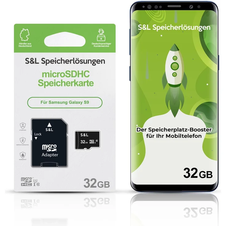S&L microSD Speicherkarte für Samsung Galaxy S9, 32 GB Class 10 U1, stoßsicher und wasserdicht