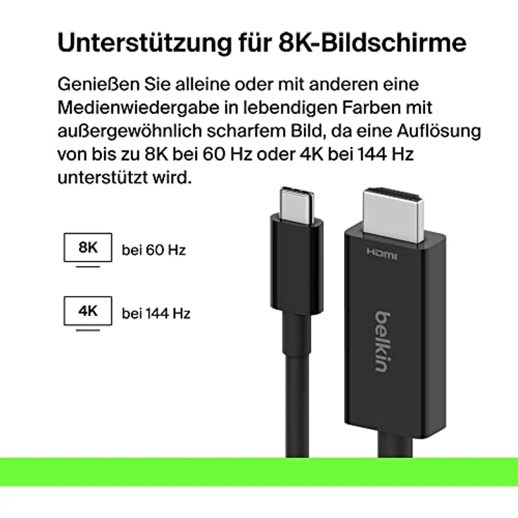 Belkin USB-C-auf-HDMI 2.1-Kabel, 2-m-Kabel für 8K bei 60 Hz, 4K bei 144 Hz, HDR, HBR3, DSC, HDCP 2.2, kompatibel mit Macbook, iPad Pro und anderen USB-C-Geräten – Bild 2