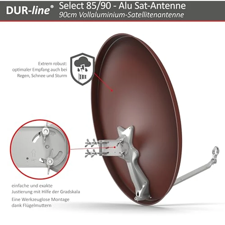 DUR-line 4 Teilnehmer Set - Qualitäts-Alu-Satelliten-Komplettanlage - Select 85/90cm Spiegel/Schüssel Rot + Quad LNB - für 4 Receiver/TV [Neuste Technik, DVB-S2, 4K, 3D] – Bild 6