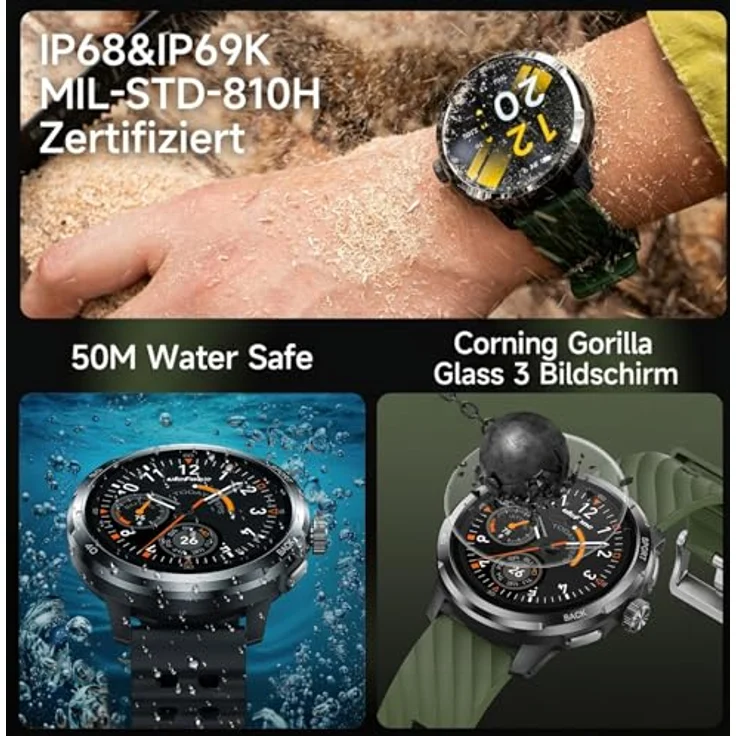 Ulefone Armor Watch Pro, Militärisch wasserdichte Smartwatch für Herren mit GPS, Bluetooth Anrufen, 100+ Sportmodi, 24/7 Herzfrequenzmonitor und Schlafüberwachung, Schwarz – Bild 2