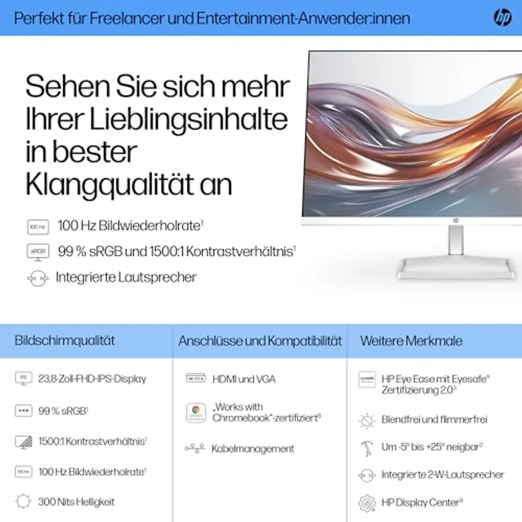 HP Series 5 524sa FHD IPS Monitor mit Lautsprechern | 60,5 cm (23,8 Zoll) | 100Hz | 16:9 | 1500:1 Kontrast | 99% sRGB | HDMI 1.4 | VGA | Entspiegelt | Neigung -5°+25° | Weiß – Bild 2