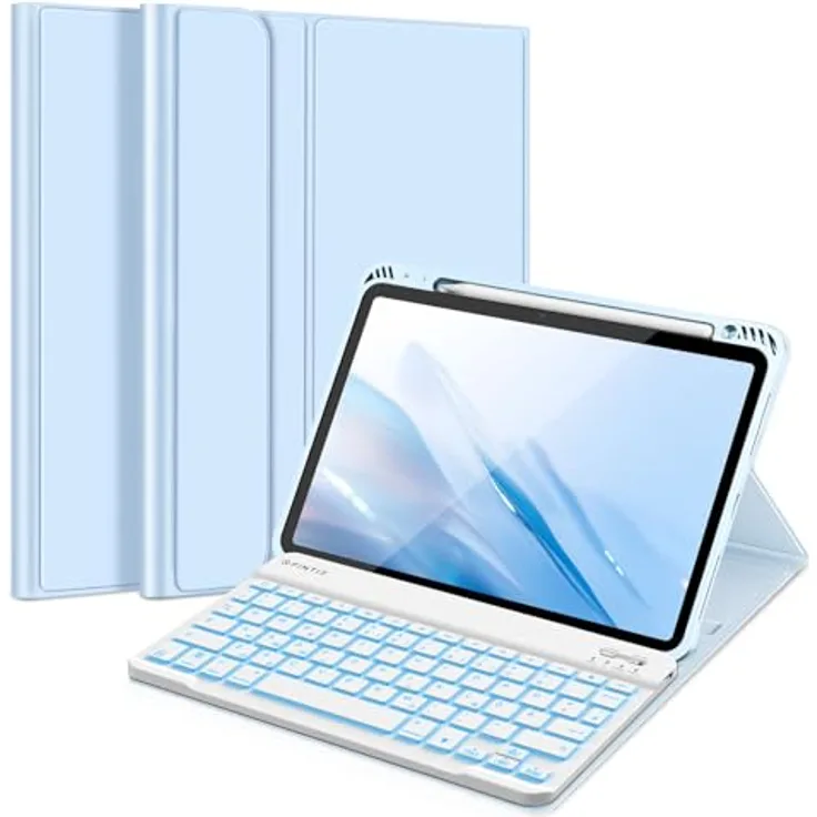 Fintie Tastatur Hülle für iPad Air 11 Zoll 2024, iPad Air 5/4 Hülle mit Tastatur 2022/2020 10.9" - Magnetisch Abnehmbarer Keyboard mit DIY Hintergrundbeleuchtung, Deutsches QWERTZ Layout, Himmelblau