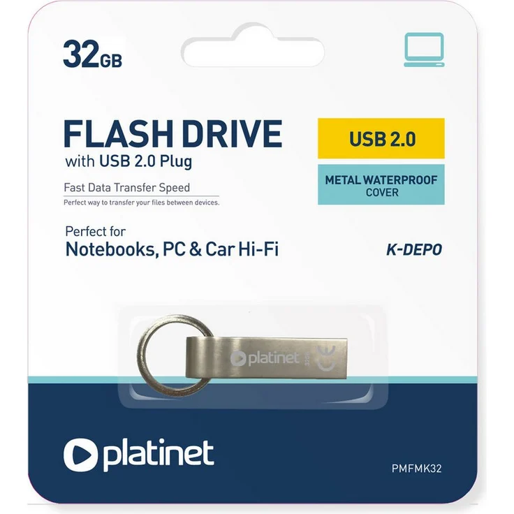 Platinet PMFMK32 USB-Stick, 32 GB, wasserdichtes Metallgehäuse, USB 2.0, Micro-UDP, Silber