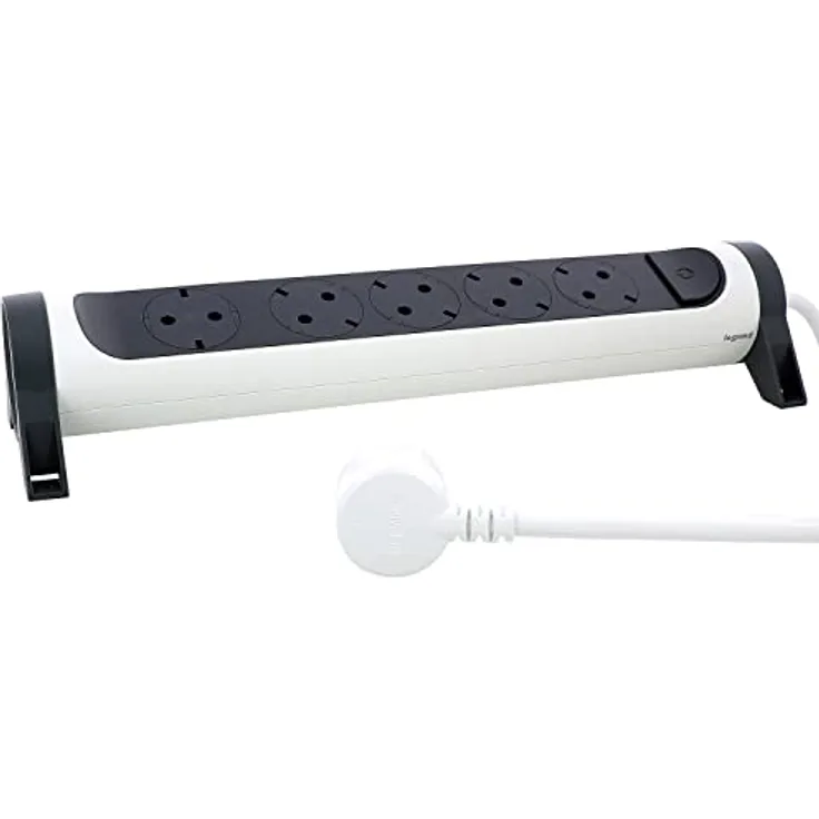 Legrand, Drehbare Steckdosenleiste, 5-fach Steckdose, Mehrfachsteckdose, Wand- oder Tischmontage, LED-Ein/Aus-Schalter, 1,5m Kabel, Ultraweiß/Dunkelgrau, 694531
