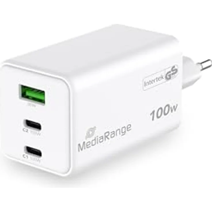 MediaRange 100W GaN Schnellladeadapter (EU-Stecker), 2x USB-C und 1x USB-A, unterstützt Power Delivery 3.0 und Quick Charge™, Weiß