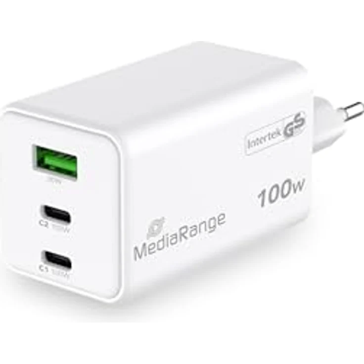 MediaRange 100W GaN Schnellladeadapter (EU-Stecker), 2x USB-C und 1x USB-A, unterstützt Power Delivery 3.0 und Quick Charge™, Weiß – Bild 1