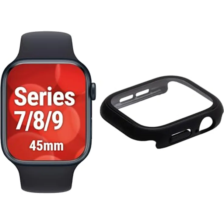 Displex 10H Panzerglas für Apple Watch 9/8/7 (45mm), Full Body Schutz, IP68 Wasserdicht, matt-schwarz, Snap-On Montage, Premium Rundum Displayschutz