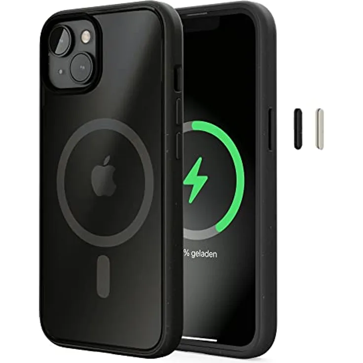 Woodcessories - Magnetisches Bio Clear Case transparent kompatibel mit iPhone 14 Hülle durchsichtig mit Magnet, iPhone 13 Hülle, matt schwarz, Nachhaltig