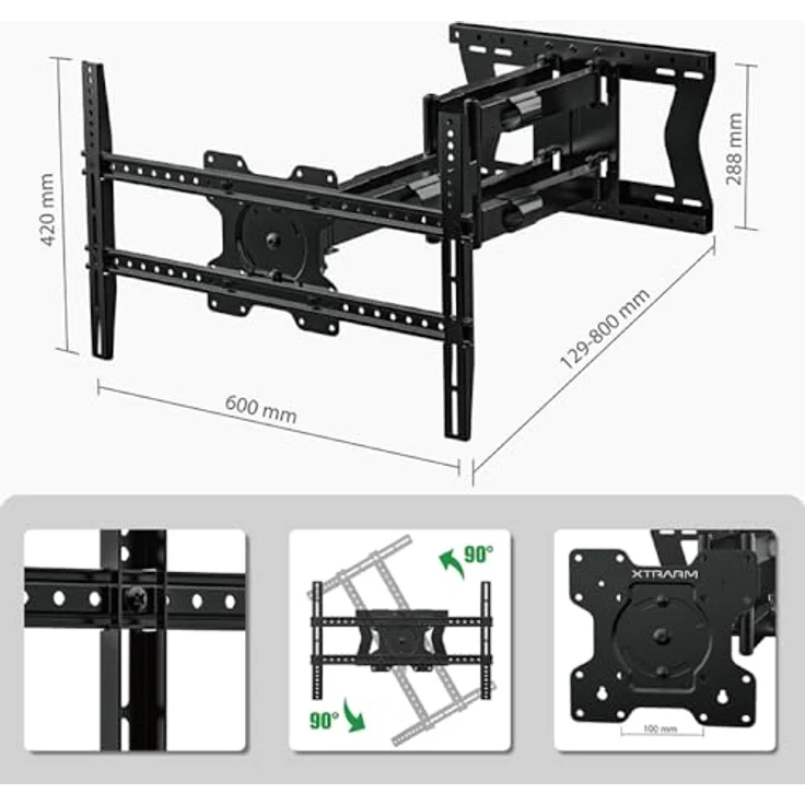 XTRARM TiTon Double 80 cm TV-Wandhalterung, schwenkbar, neigbar, rotierbar, TV 80kg VESA max.600x400, schwarz – Bild 4
