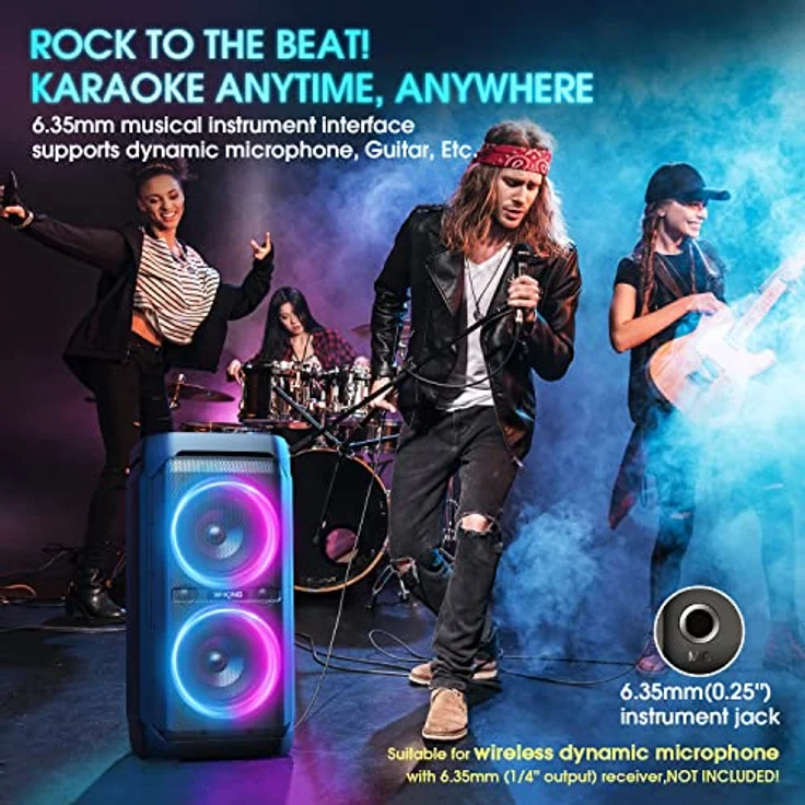 W-KING T11 100W Lautsprecher Groß V5.3, IPX6 Bluetooth Box Wasserdichter Party Musikbox with Deep Bass/110dB Huge Sound/DSP/Licht/Mikrofon- und Gitarrensteckplatz/Echo, Adapter Enthalten – Bild 3