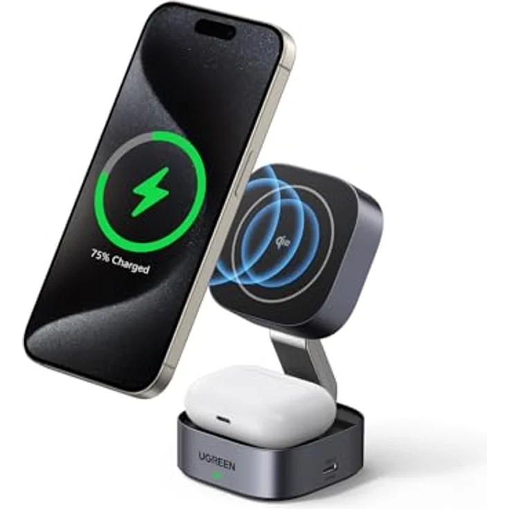 UGREEN MagFlow Qi2 zertifizierte 15W 2 in 1 Ladestation mit MagSafe für iPhone 16/15/14/13, AirPods 2/3, faltbar (Schwarz) – Bild 1