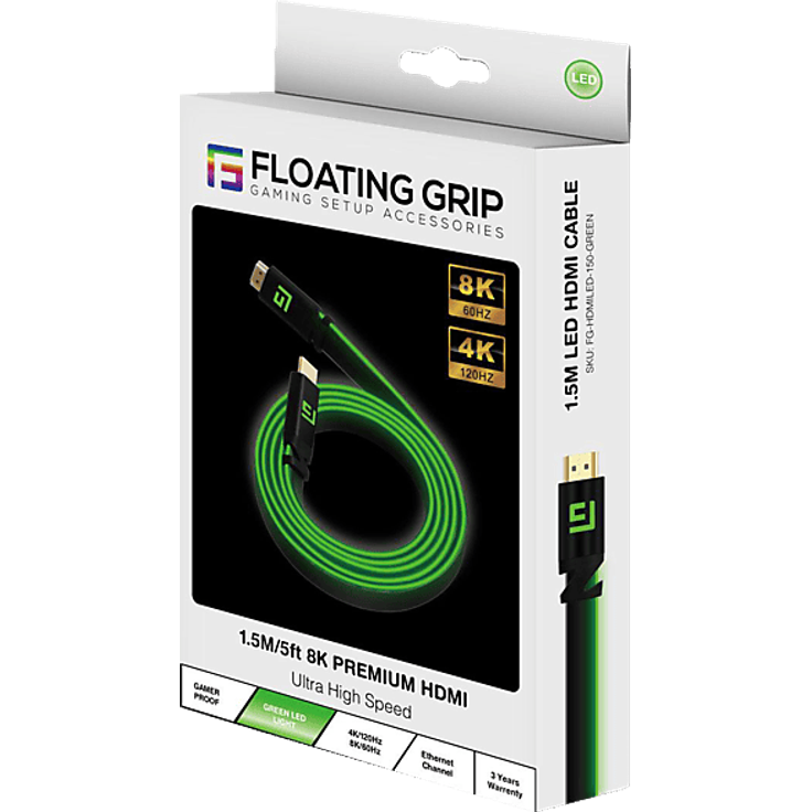 FLOATING GRIP LED HDMI-Kabel 1,5M, 2.1 Hochgeschwindigkeit, 8K/60Hz, Gaming-Zubehör mit farbiger LED-Beleuchtung