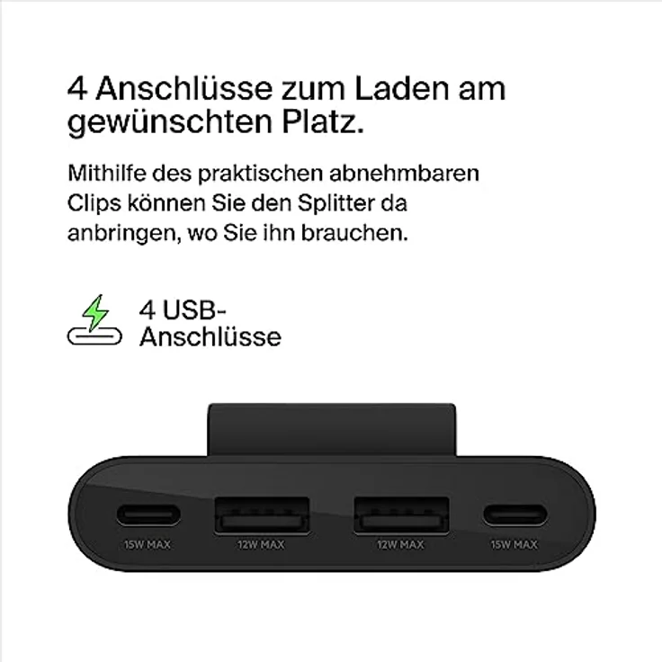 Belkin 4-Port USB-Splitter mit 2-m-Kabel, 2 USB-C- und 2 USB-A-Ports, USB-Adapter mit 30 W Leistung, Schnellladen des iPhone 14 und Samsung Galaxy S23, umweltfreundliche Ausführung, Abnehmbarer Clip – Bild 3