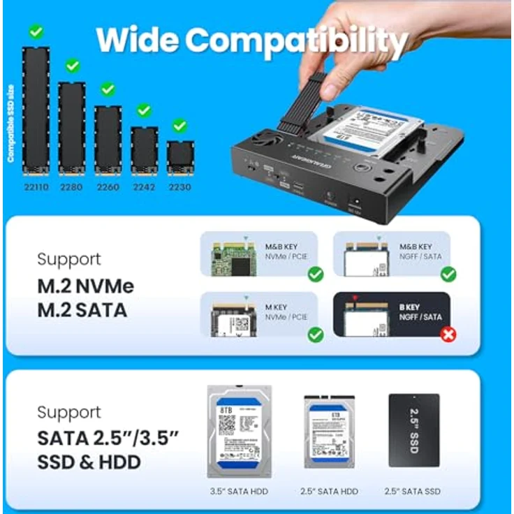 GRAUGEAR Bidirektionale Klone-Station für M.2 SATA/NVMe & 2,5"/3,5" HDD/SSD, USB 3.2 Gen2, Leiser Lüfter, unterstützt M2 22100/2280/2260/2242/2230 – Bild 4