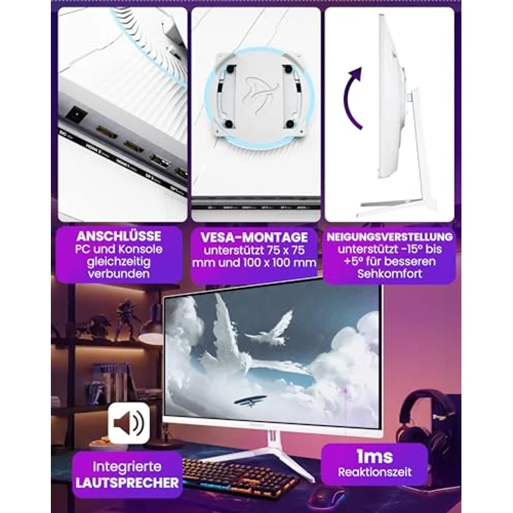 Arozzi Nova 27” Gaming Monitor, IPS 180Hz QHD 1440p mit HDR10, flimmerfreiem Display, 100% sRGB, Weiß – Bild 3