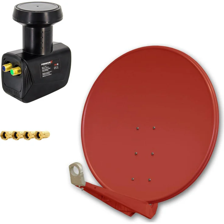 PremiumX DELUXE100 Satellitenantenne 100 cm Aluminium Ziegelrot, Twin LNB Schwarz, 4x F-Stecker, für optimalen Empfang bei schlechtem Wetter
