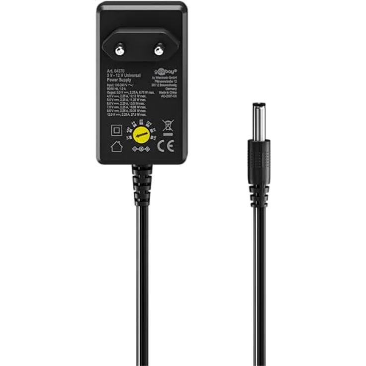 goobay 64570 Universal-Netzteil 3 V - 12 V, max. 27 W / DC Wechseladapter / Ersatznetzteil für TV, PC, Router, LED Streifen / Variable Spannung / USB C, USB A, Micro USB / inkl. 11 Adapter/ Schwarz – Bild 2