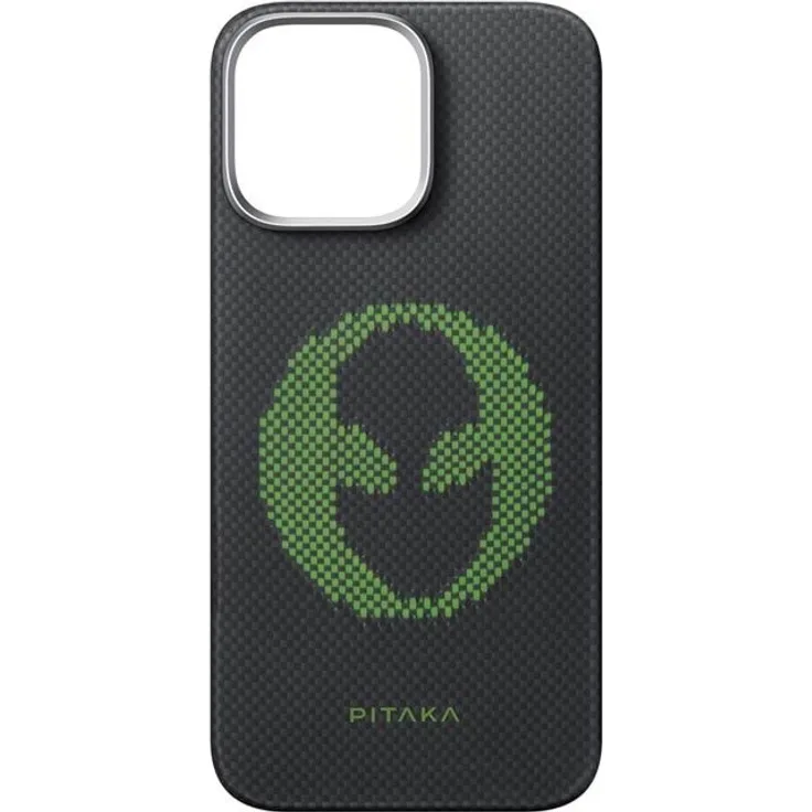 PITAKA x Aries Tactile Woven Case Alien für iPhone 16 Pro, Schwarz-Grün, hochwertiger Schutz mit taktilem Design