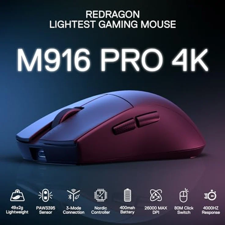 Redragon M916 PRO 3-Modus Wireless Gaming Maus, 4K Polling Rate, 49G Ultra-Leicht 26K DPI, Ergonomischer Natürlicher Griff, Makrotasten, Softwareunterstützt - Rot – Bild 2