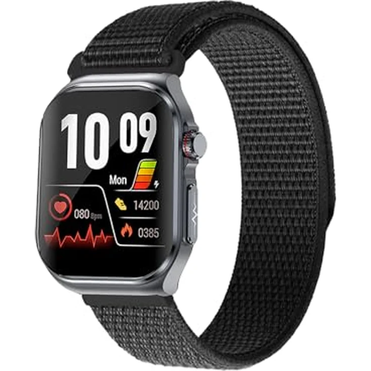Knauermann PRO 3 Fan Edition eckig (2025) Grau, Gesundheitsuhr mit EKG Plus, HRV, Telefoniefunktion und SOS, Bluetooth, Schlafapnoe, Klett Schwarz, 14-24 – Bild 2