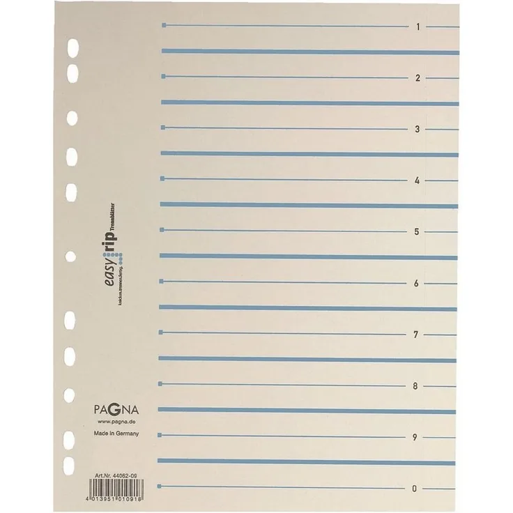 PAGNA Aktenordner easy rip, Trennblätter 1-10, DIN A4 Maxi, abtrennbare Taben, 100 Stück, Kraftkarton, 210 g/m², 2-farbiger Aufdruck