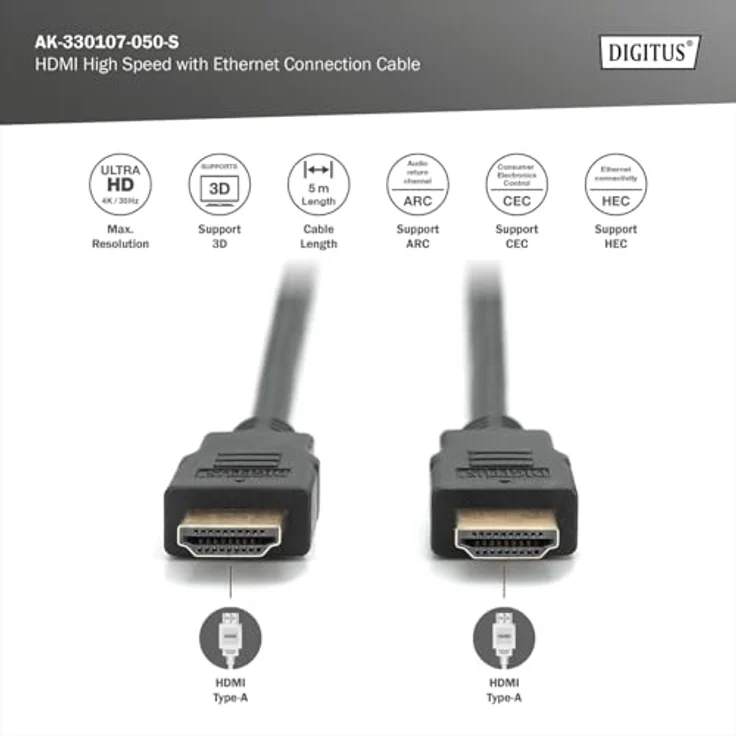 ASSMANN HDMI 2.0 Anschlusskabel 2xHDMI Typ A Stecker HDMI High-Speed mit Ethernet 5m bulk 4K Ultra HD und 3D tauglich ARC C – Bild 3