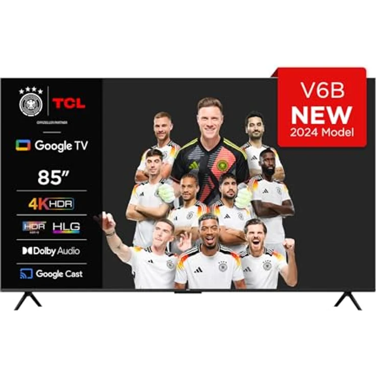 TCL 85V6B 85 Zoll, 4K Ultra HD, HDR TV, HDR10+, Dolby Vision, Smart TV unterstützt von Google TV (Dolby Atmos, Motion Clarity, Sprachsteuerung, Kompatibel mit Google Assistant, Chromecast eingebaut) – Bild 1