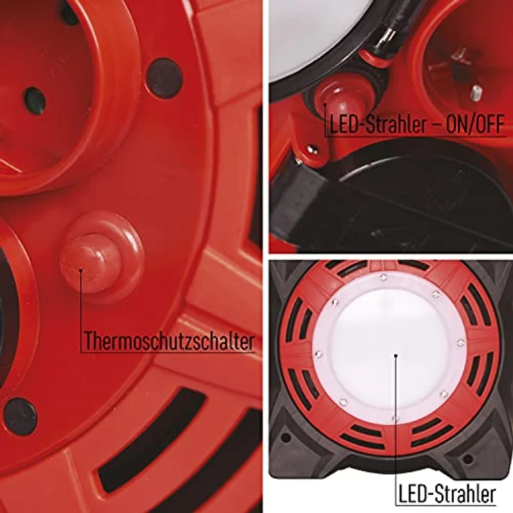 EMOS Kabeltrommel mit LED-Strahler, 15m Outdoor-Kabelbox Schuko und 20W Fluter, Neopren-Gummikabel H07RN-F, IP44 wasserdicht für Außenbereich, 1600lm Helligkeit, 4 Steckdosen – Bild 5