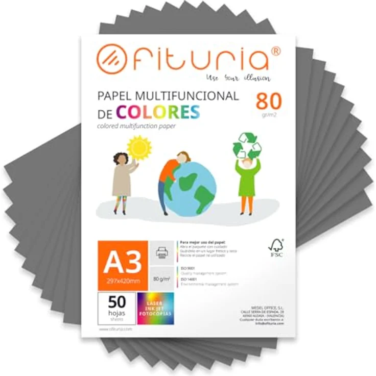 OFITURIA Buntes Papier, 50 Blatt A3 80g – Farbiges Papier für Basteln und Drucker, grau, ideal für Scrapbooking und kreative Projekte – Bild 1