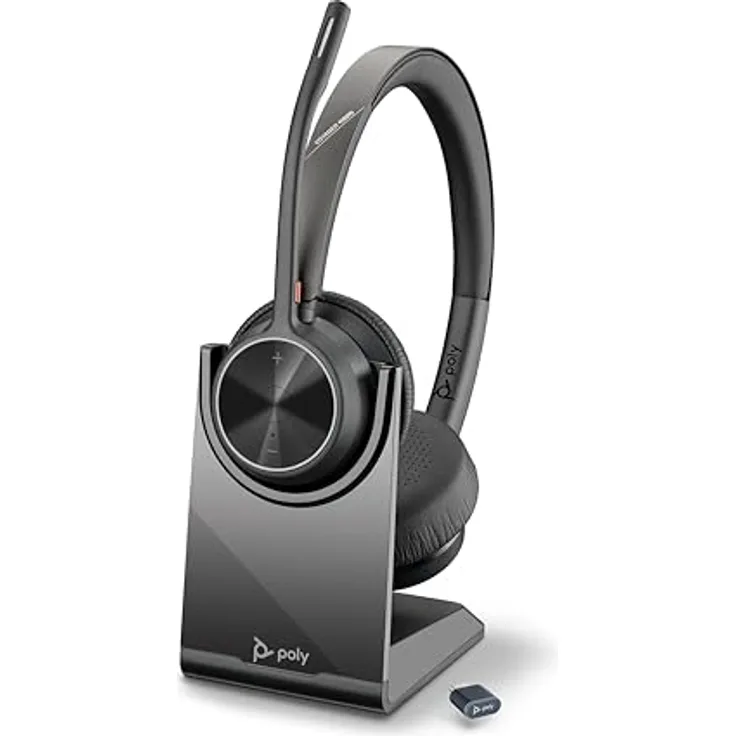 POLY Voyager 4320 UC, Schnurloses Stereo-Headset mit Noise Cancelling-Mikrofon, Bluetooth-Verbindung, bis zu 24 Stunden Akkulaufzeit, inklusive Ladestation und Tragetasche