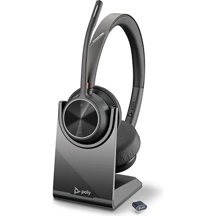 POLY Voyager 4320 UC, Schnurloses Stereo-Headset mit Noise Cancelling-Mikrofon, Bluetooth-Verbindung, bis zu 24 Stunden Akkulaufzeit, inklusive Ladestation und Tragetasche – Bild 1
