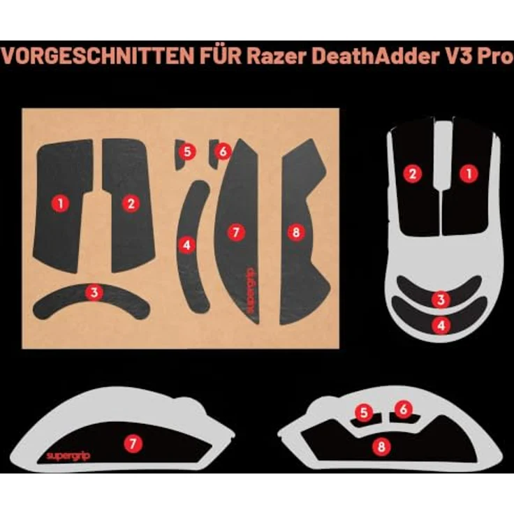 Pulsar Supergrip Grip Tape für Razer Deathadder V3 Pro, rutschfestes, schweißabsorbierendes Material, ultradünn 0,5 mm, präzise vorgeschnitten, rückstandsfrei klebend – Bild 4