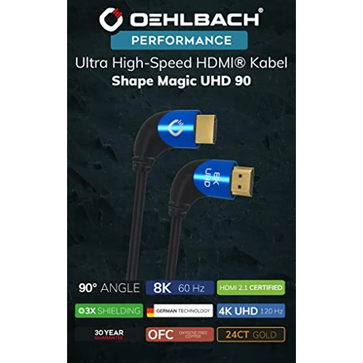 OEHLBACH Shape Magic 90 UHD - 8K Ultra High Speed 2.1 HDMI-Kabel - zertifiziert 48 Gbps (90 Grad Winkelstecker, OFC Kupfer, 4K@120Hz, 8K@60Hz, eARC, dynamisches HDR) schwarz 2m – Bild 4