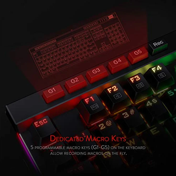 Redragon K580 VATA RGB LED Mechanische Gaming Tastatur mit Hintergrundbeleuchtung 104 Tasten Anti-Ghosting mit Makrotasten und Dedizierten Mediensteuerelementen (Blaue Schalter) – Bild 4