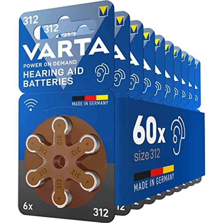 VARTA Hörgerätebatterien Typ 312 braun, Batterien 60 Stück Vorratspack, Power on Demand, wireless approved, Größe p 312 für Hörgeräte & Hörhilfen, high hearing level, quecksilberfrei, Made in Germany – Bild 1