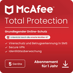 McAfee® Total Protection, Antivirus- und Internet-Sicherheitssoftware für 5 Geräte, 1 Jahr, Download Code, Multiplattform mit KI-gestützter Betrugserkennung und Secure VPN