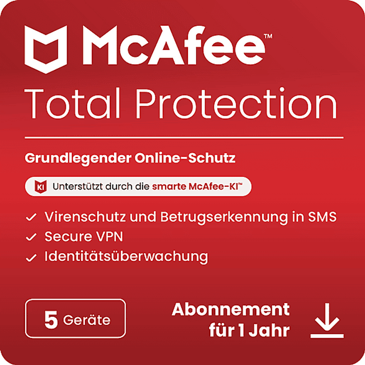 McAfee® Total Protection, Antivirus- und Internet-Sicherheitssoftware für 5 Geräte, 1 Jahr, Download Code, Multiplattform mit KI-gestützter Betrugserkennung und Secure VPN
