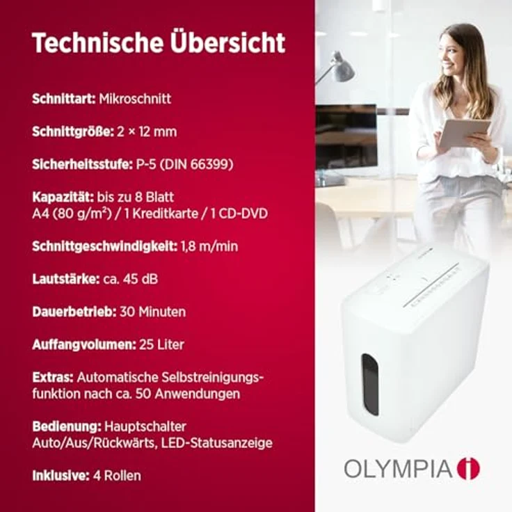 Olympia MC 2508 S, Aktenvernichter mit Mikroschnitt, 25 Liter Auffangvolumen, leise (45 dB) in weiß – Bild 6