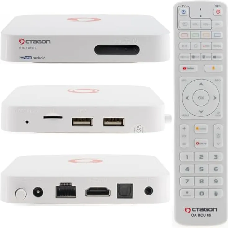 Octagon Spirit White 4K UHD Android TV Box, 32GB Flash, Dual Band WiFi, Bluetooth 5.1, Sprachsteuerung, HDR10+