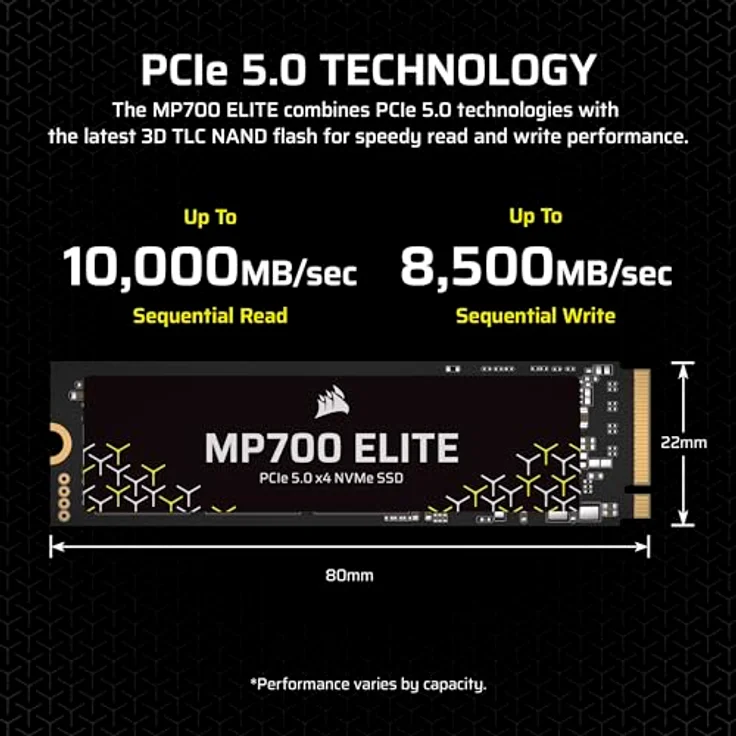 Corsair MP700 Elite 1TB PCIe 5.0 x4 NVMe M.2 SSD – Bis zu 10,000MB/sec – Hohe Dichte 3D TLC NAND – M.2 2280 – Kompatibel mit DirectStorage – Schwarz – Bild 3