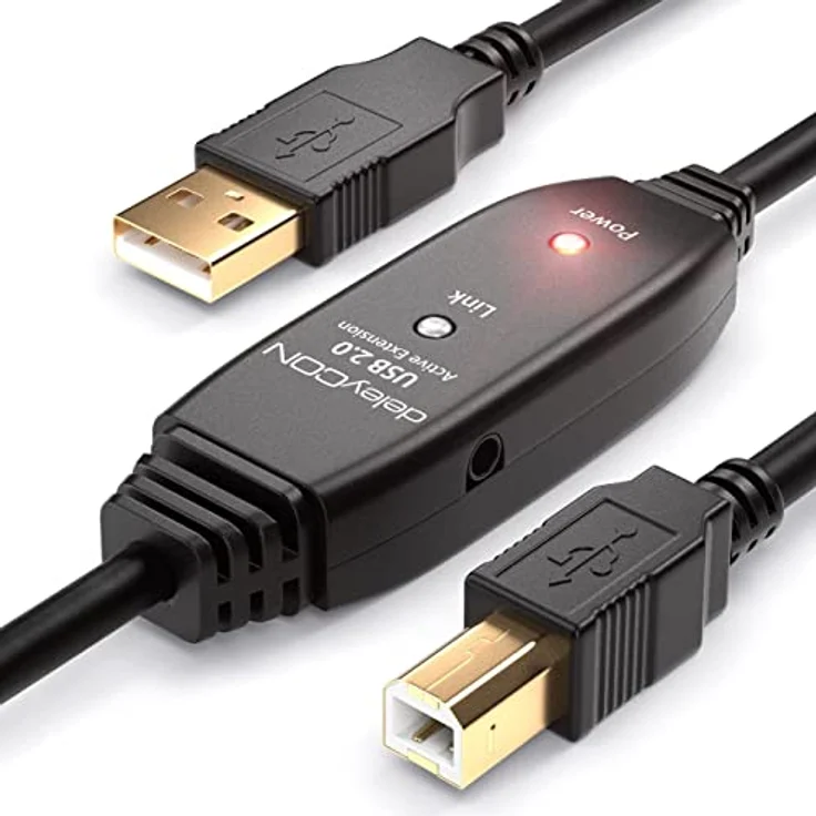 deleyCON 10m Aktives USB Druckerkabel Scannerkabel Datenkabel USB 2.0 A-Stecker zu B-Stecker - Schwarz, Übertragungsgeschwindigkeit bis zu 480 Mbps – Bild 2