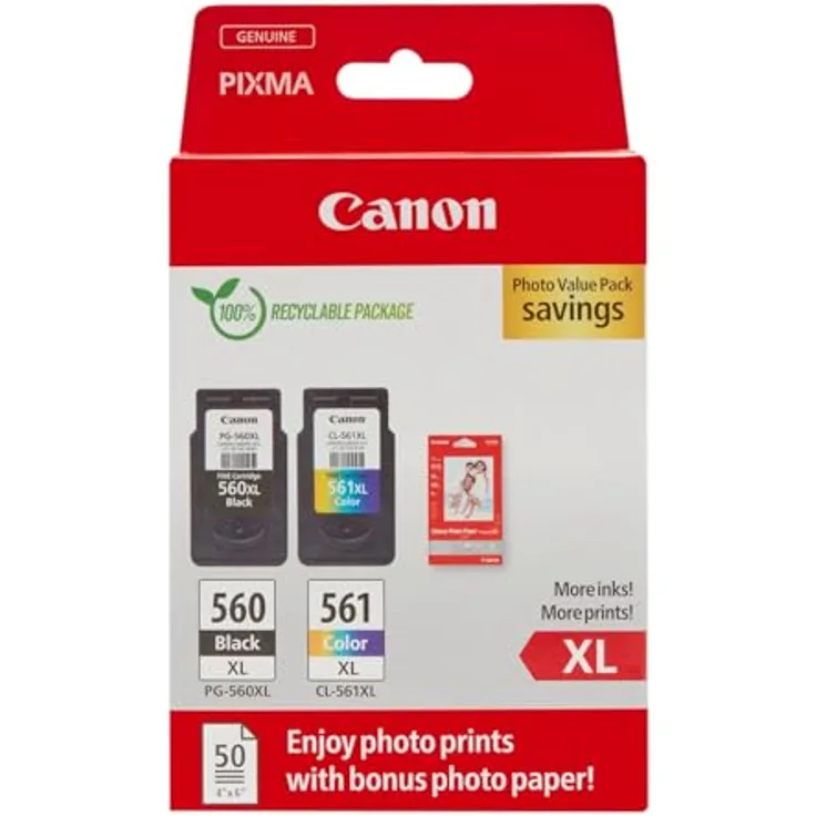 Canon PG-560XL und CL-561XL Vorteilspack, Schwarz und Farbe mit Fotopapier, für bis zu 400 Schwarz- und 300 Farbdokumente