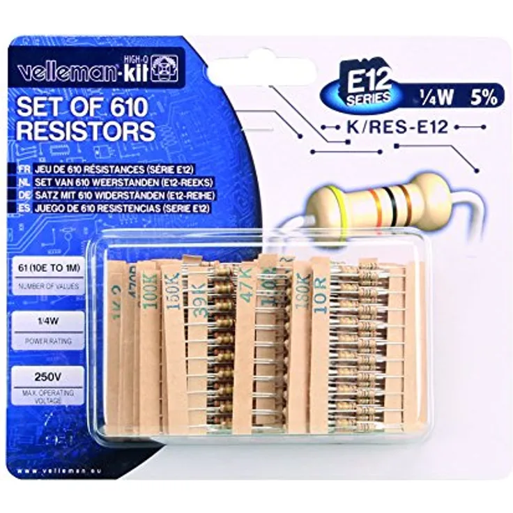VELLEMAN - K/RES-E12 Widerstands, Sortiment, 1/4W, E12, 61 Werte zu 10 Stück 121002