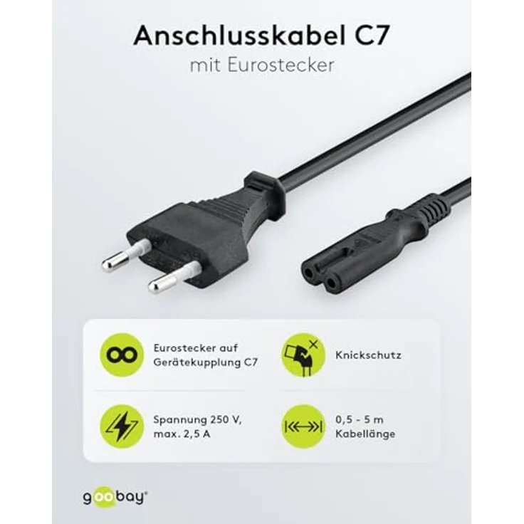 Goobay 51322 Euro Anschlusskabel, Netzkabel, Stromkabel, 2 adrig, Eurostecker (Typ C, E 7-16) > Gerätebuchse C7, 1,8m, schwarz – Bild 2