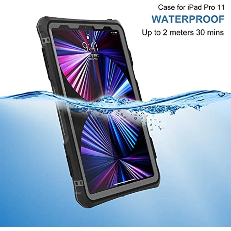 ShellBox Case Neue iPad Pro 11 Zoll 2022 & 2021 & 2020 wasserdichte Hülle, Ganzkörper Heavy Duty Stoßfest Schutzhülle mit Kickstand Eingebauter Displayschutz Stifthalter Schultergurt (Schwarz) – Bild 2