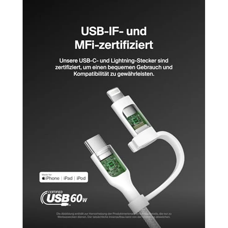 Belkin BoostCharge Pro USB Kabel 2-in-1, 1,5 m, USB-C/Lightning, 60 W, Weiß – Bild 3