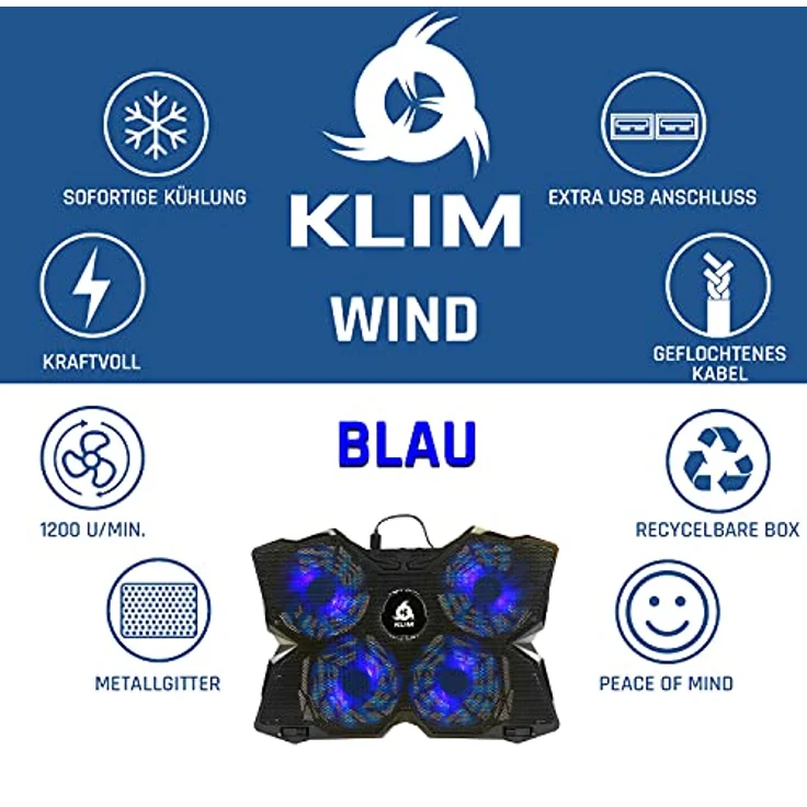 KLIM® Wind Laptop Kühler, Leistungsstark mit 4 Lüftern für PC und PS4, schneller Kühlvorgang, stabiler Laptop Ständer, Blau – Bild 4